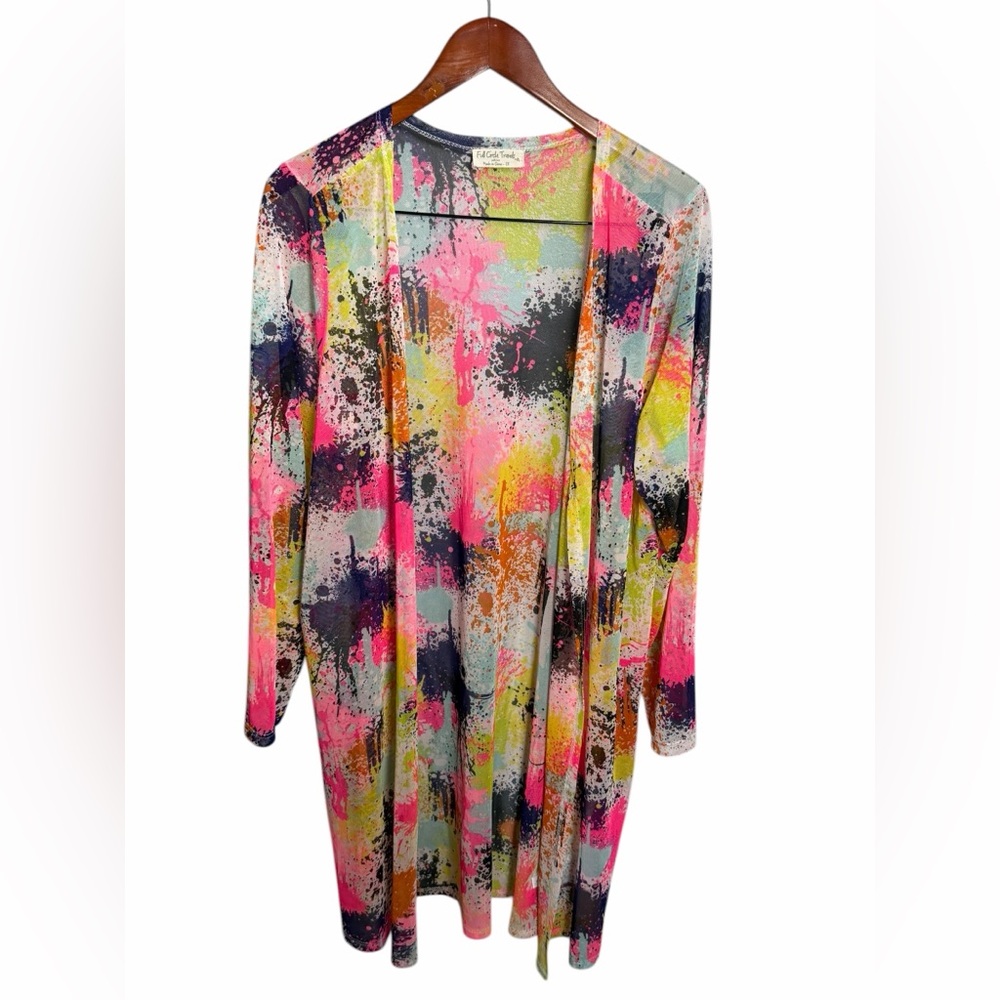 Open-Front Multicolor Splash Print Lightweight Cardigan - Pink/Yellow/Blue